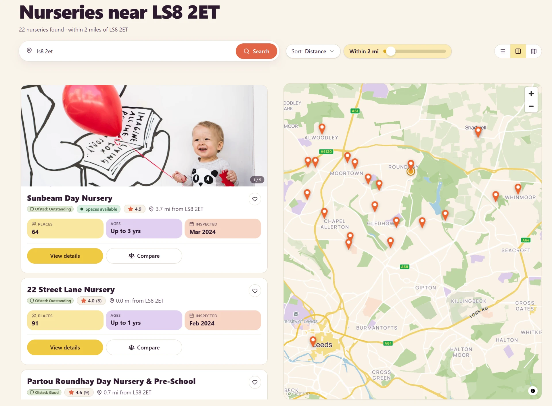 Sunbeam Day Nursery listing with photo at the top of Nursery Advice search results next to the Mapbox map