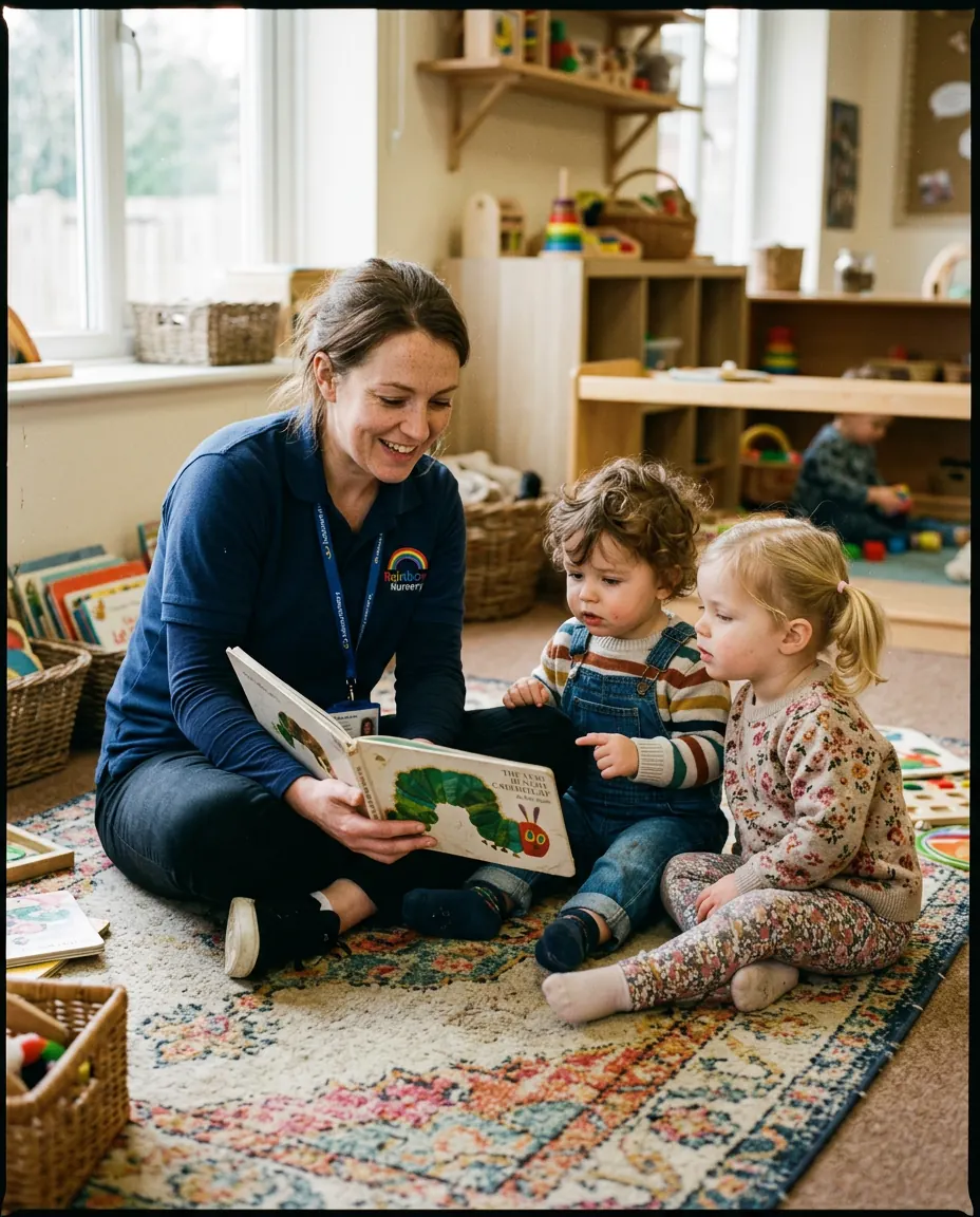 Key worker reading a picture book with two children