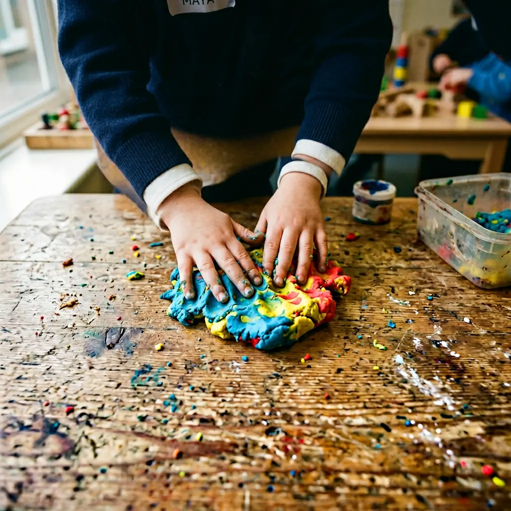 Child pressing play-dough into a wooden table