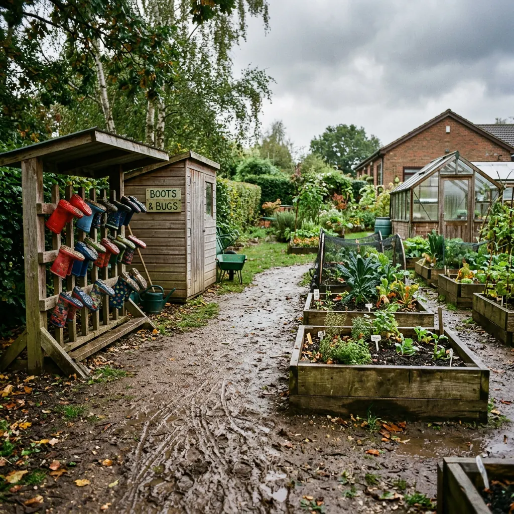 Nursery garden with wellies and raised beds